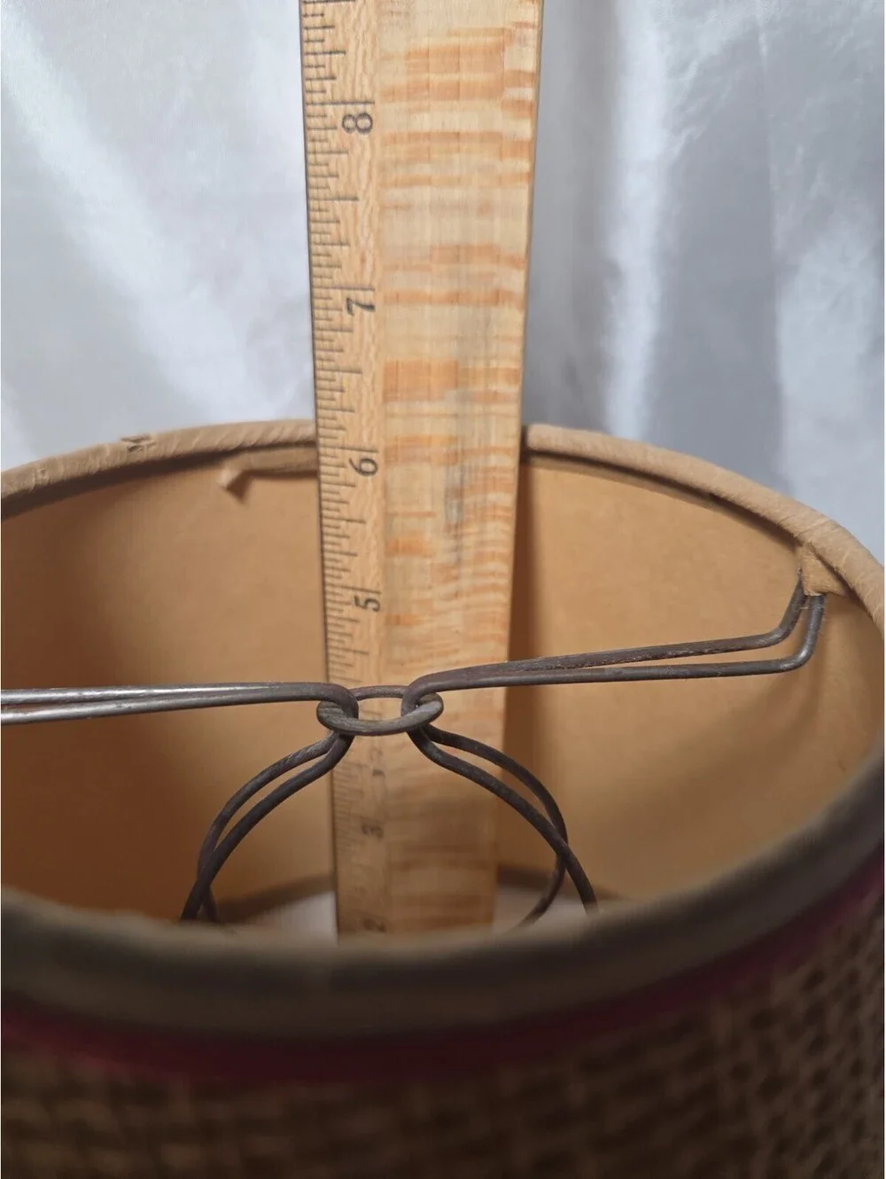 Vintage Clip On Burlap W/ Red Satin Trim Lamp Shade Parchment Paper Interior